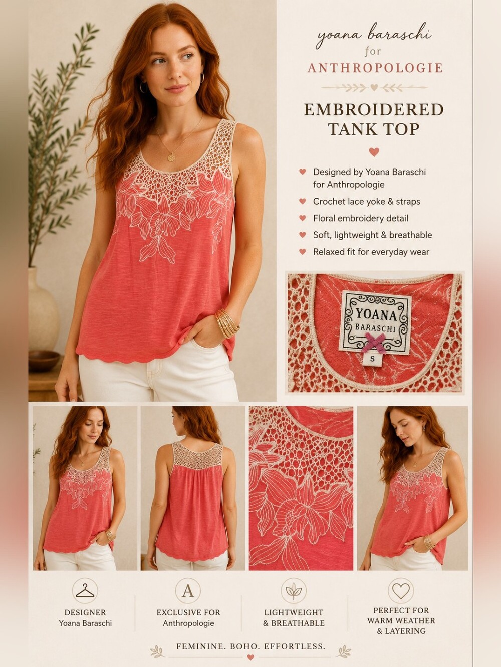 Yoana Baraschi Anthropologie Coral Crochet Floral Tank Top S
